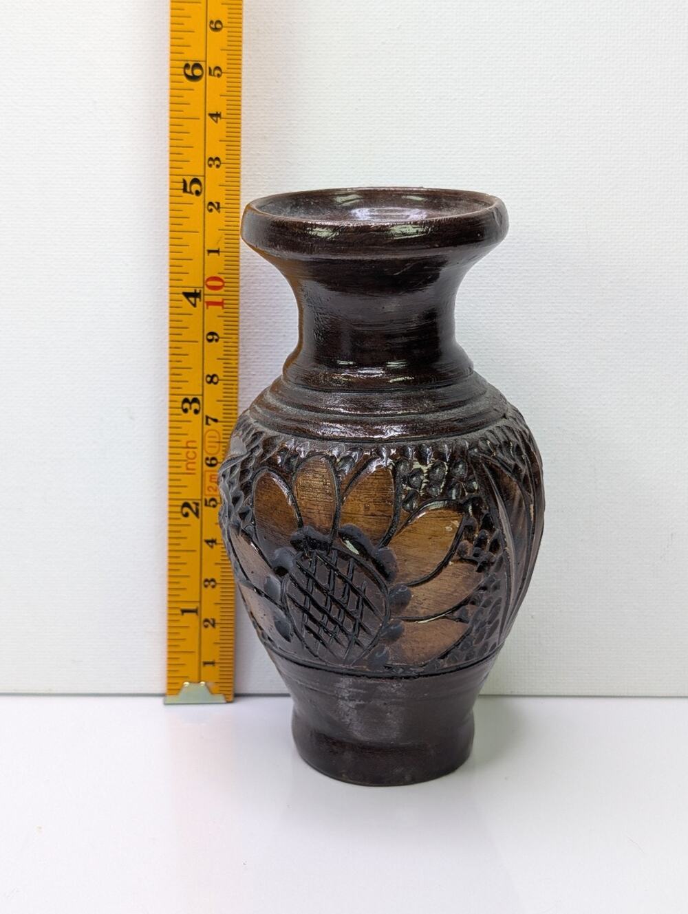 Signed Studio Pottery Vase Brown Glazed Carved Floral Handmade 4.5" Art Pottery